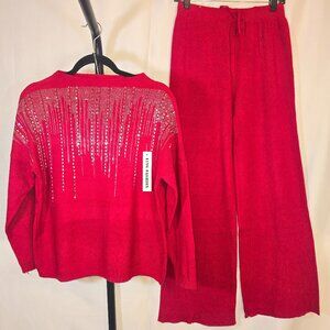 Red Mock Neck Rhinestone Design Rib Knit Pantsuit